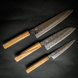 Kikusumi KATURA Kashi 3 Knife Set – Damascus Steel Knife Tsuchime Engraved - 21cm Gyuto Chef + 16.5cm Santoku + 13.5cm Petty Japanese Oak Wa Handle