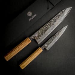 Kikusumi KATURA Kashi 2 Knife Gyuto Set – Damascus Steel Knife Tsuchime Engraved -  Gyuto Chef + Petty Japanese Oak Wa Handle